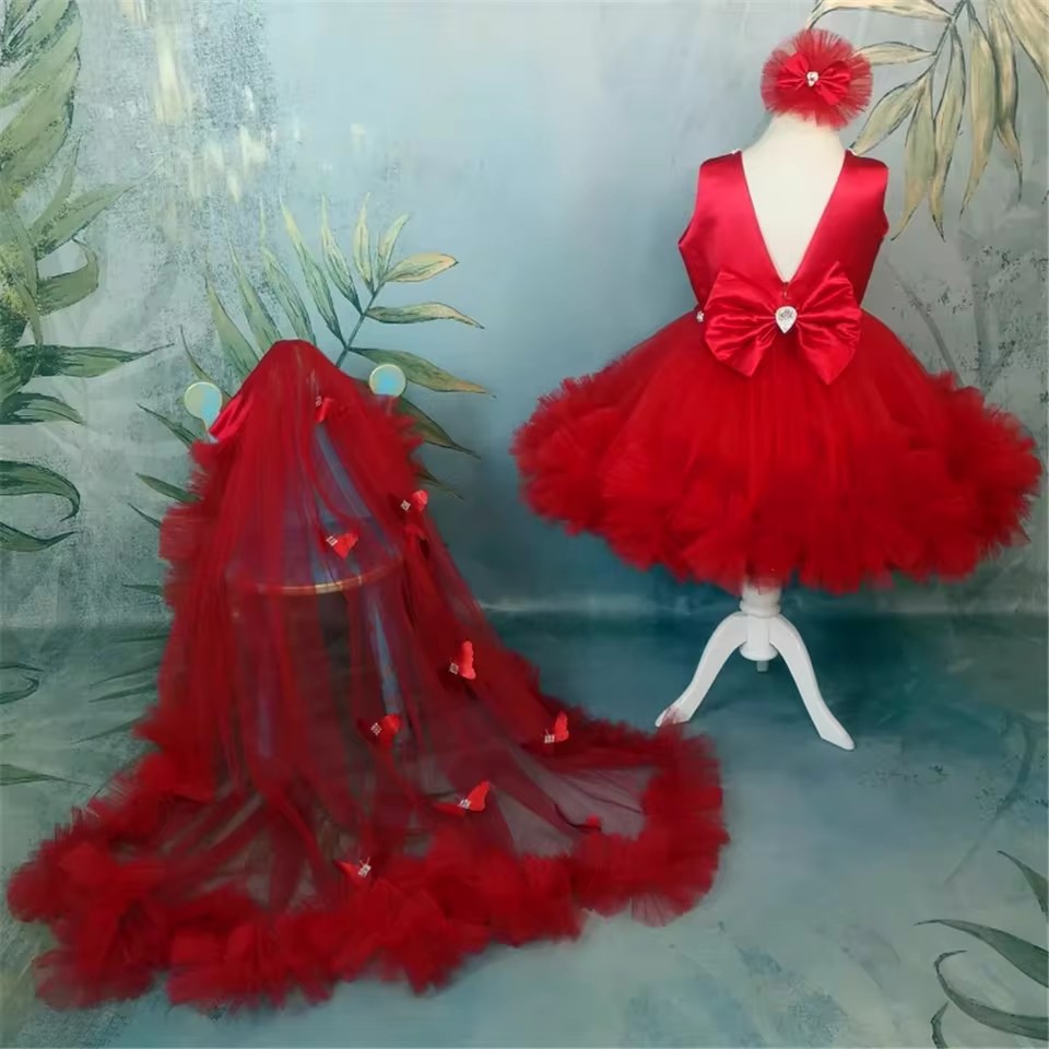 Toddler Girl Tulle Party Dress - Customized Red Flower Girl Dresses For