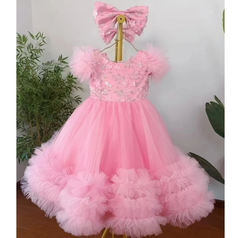 Toddler Girl Tulle Party Dress - Customized Pink Flower Girl Dresses For