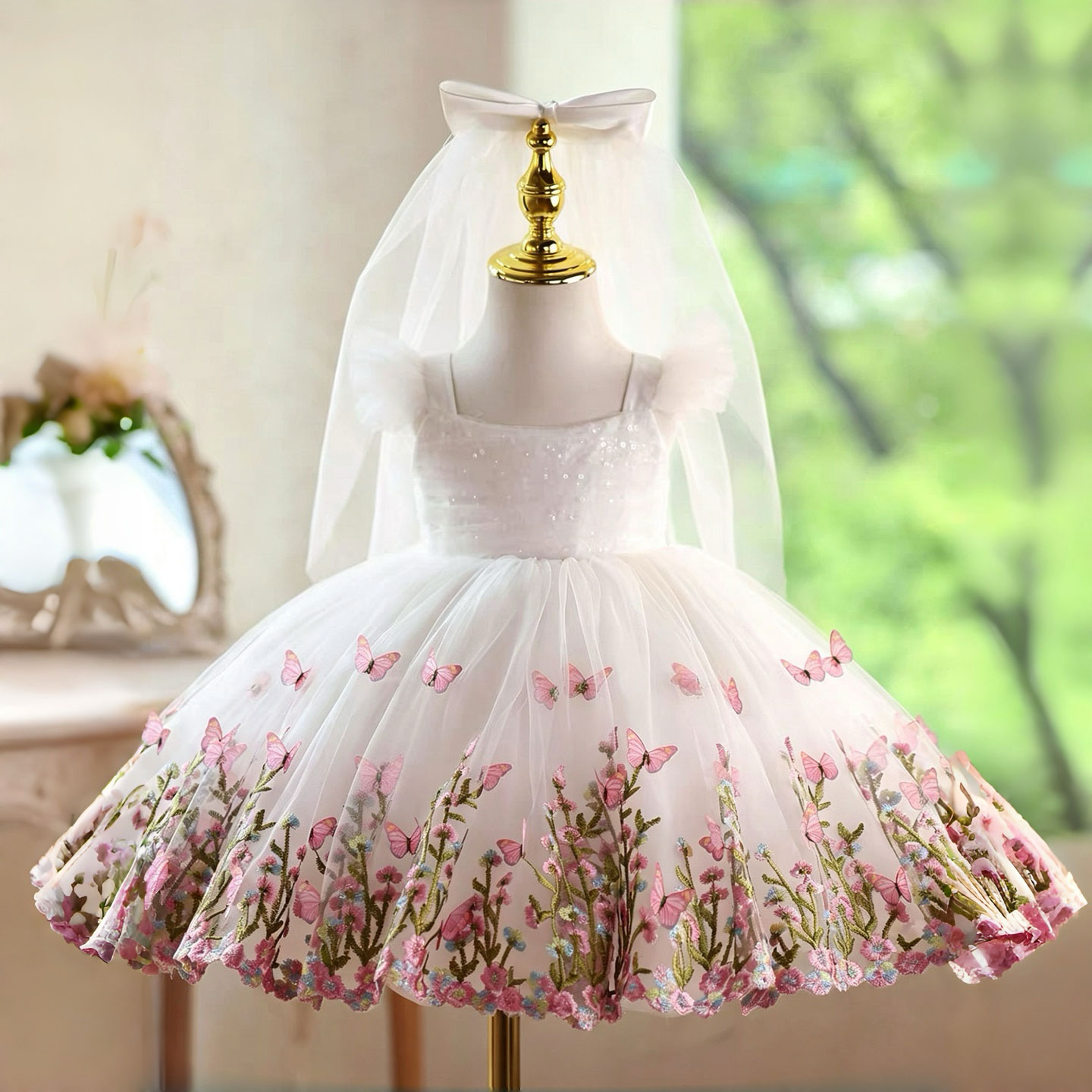 Toddler Girl Tulle Party Dress - Jill Wish D277 White Butterfly Embroidered