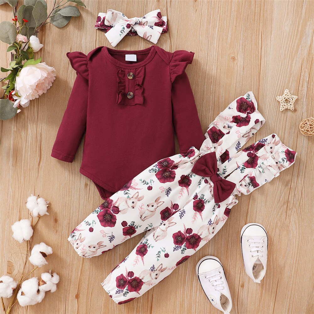 Newborn Baby Girl Romper Floral - 0-24 Months Newborn Baby Girl 3PCS