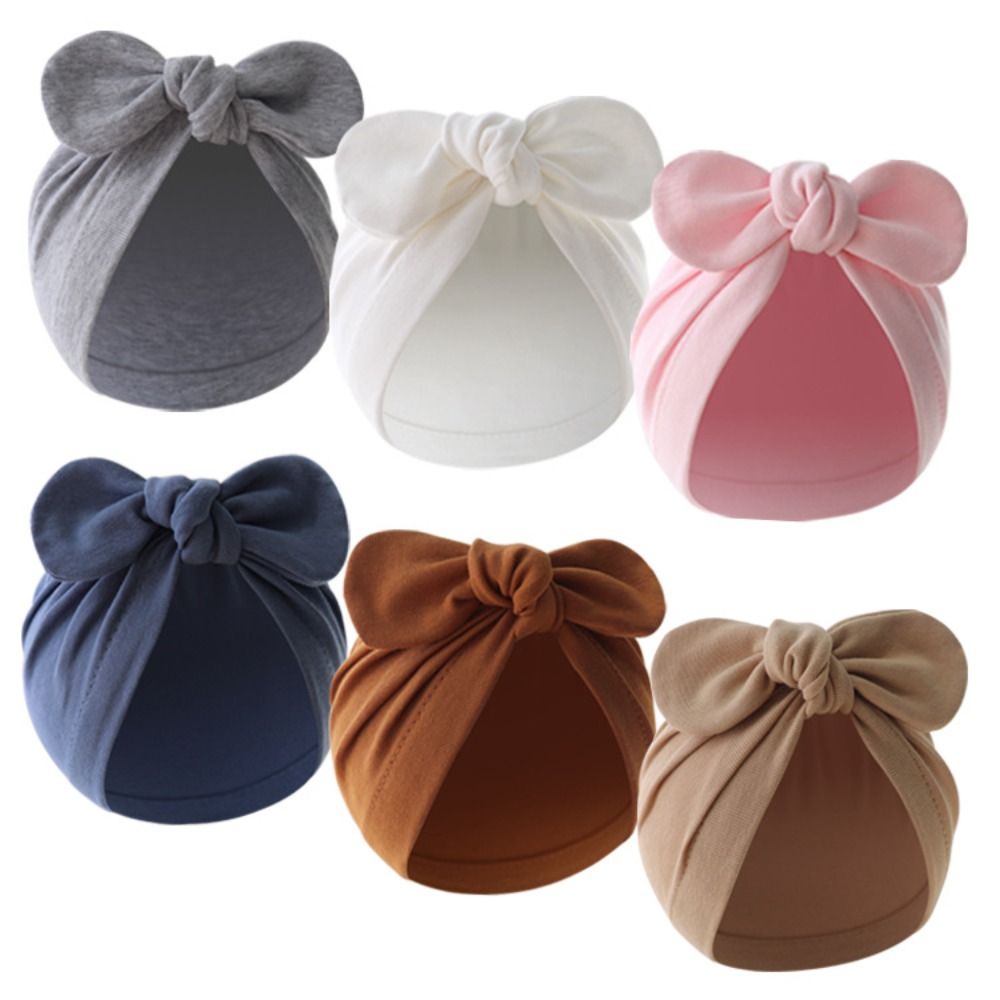 Infant Beanie Hat With Ears - Cute Flower Knot Baby Hat Solid