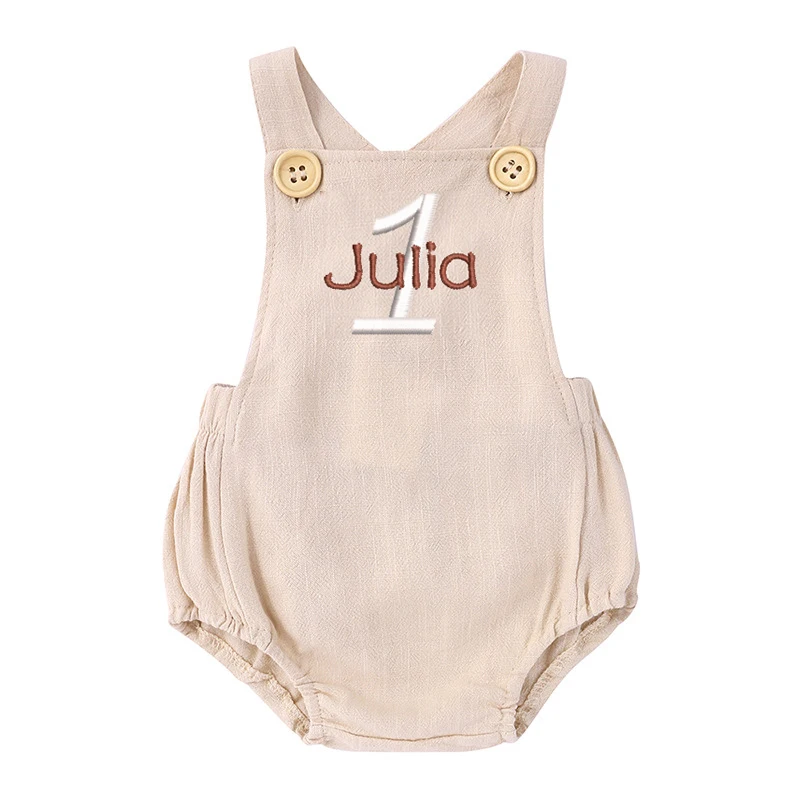 Baby Summer Linen Sleeveless Jumpsuit - Name Embroidered 1st Birthday Romper Personalised