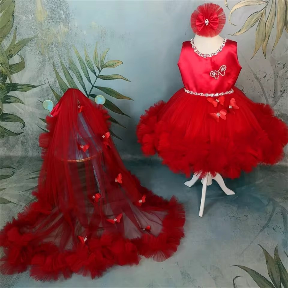Customized Red Flower Girl Dre - Toddler Girl Tulle Party Dress ulasan dan harga