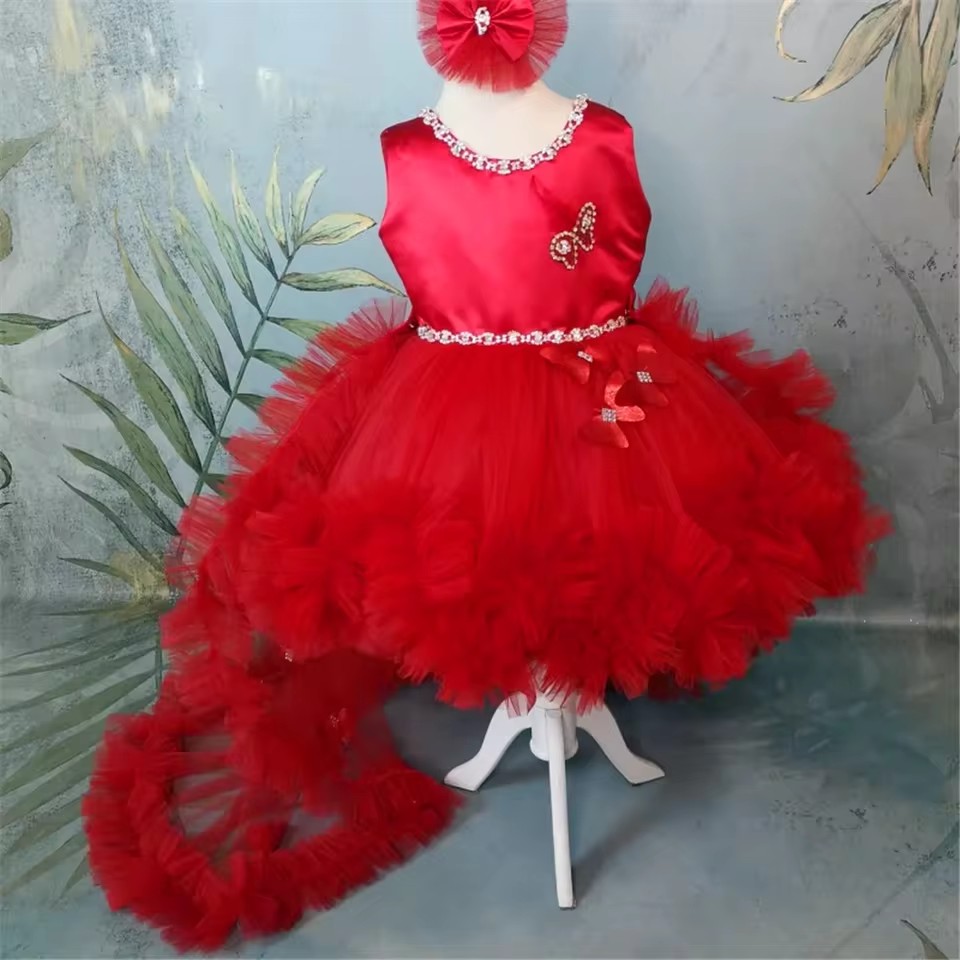 Customized Red Flower Girl Dre - Toddler Girl Tulle Party Dress ulasan dan harga