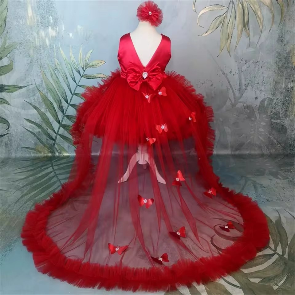 Customized Red Flower Girl Dre - Toddler Girl Tulle Party Dress ulasan dan harga